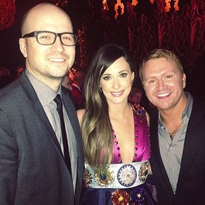 Singer Kacey Musgraves, center, poses with her GRAMMY-winning album's co-producers, MTSU alumnus Luke Laird, left, and Shane McAnally, after accepting the award.