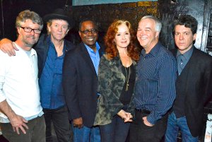 GRAMMY-winning artist Bonnie Raitt (center) poses with MTSU President Sidney A. McPhee (left of Raitt) and Ken Paulson, dean of the College of  Mass Communication, before the Americana Music Festival's pre-GRAMMY salute to Phil Everly at the Troubadour club on Saturday, Jan 25, in West Hollywood. Also pictured is Jed Hilly, Americana's executive director (far left), singer-songwriter Rodney Crowell (second from left) and singer-songwriter Joe Hentry (far right).