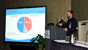 Jason Reinke at the TPA, delivering results of the latest MTSU Poll. Photo by Andrew Oppmann.