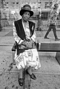 Stein woman at bus stop