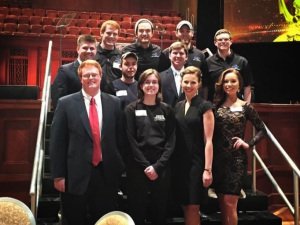 Current MT10 production staff who worked with TNDV and other MTTV/MT10 alumni to broadcast the 29th annual Midsouth Regional Emmys. Bottom row: Chris Davis, Multimedia Journalism student, former MT10 news director and current NewsChannel5 associate producer; Melody Carson, Video & Film Production student and MT10 general manager; Bethany Thompson, Multimedia Journalism student and current MT10 news director; Brooke Grimsley, Multimedia Journalism student and Talent-EMC Productions. Middle row: Grant Massey, New Media student and current MT10 News social media director; Justin Carroll, Video & Film Production student, camera for EMC Productions and MTSU Film Guild officer; Brett Gilbert, MMJ student and current MT10 News assistant news director; Zac Leonard, Video & Film Production student and MT10 News chief photographer. Top row: Chris Robertson, Video & Film Production student and MT10 News production director; Murphy Mulvihill, Video & Film Production student and replay operator for EMC Productions; Phil Layton, Video & Film Production student and camera for EMC Productions.