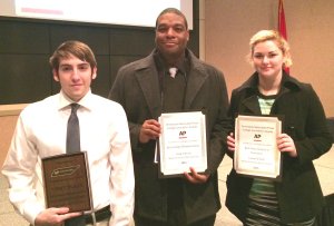 Sidelines winners are from left: Quint Qualls, Best Investigative Story, first place (co-winner with Emily West, not pictured); Greg French, Best Photojournalist, second place; Laurel O'Neill, Best Illustration/Design, third place. Other awards: Sam Brown, Best Sports Writer, second place; Sidelines staff, Best Website, honorable mention.