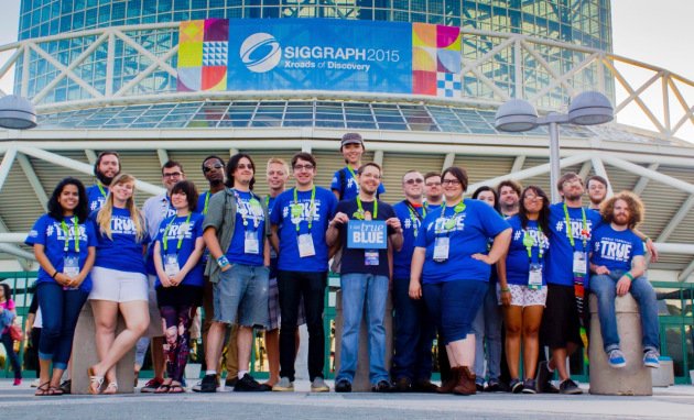 MTSU Students outside the LA Convention Center at the 2015 SIGGRAPH Conference (left to right): Rebecca Yanis, Justin Wright, Tasha Storie, Cole Smeltzer, Julia Daugherty, Quin Smith, Victor Chavez, Jared Moore, Anthony Filipas, Kelsey Hoggard, Assistant Professor Kevin McNulty, Caleb Smotherman, Jaclyn Vazquez, Angel Agee, Brandon Berry, Megan Steadman, Ryan Allgood, Derek Barnes, Zach Wells